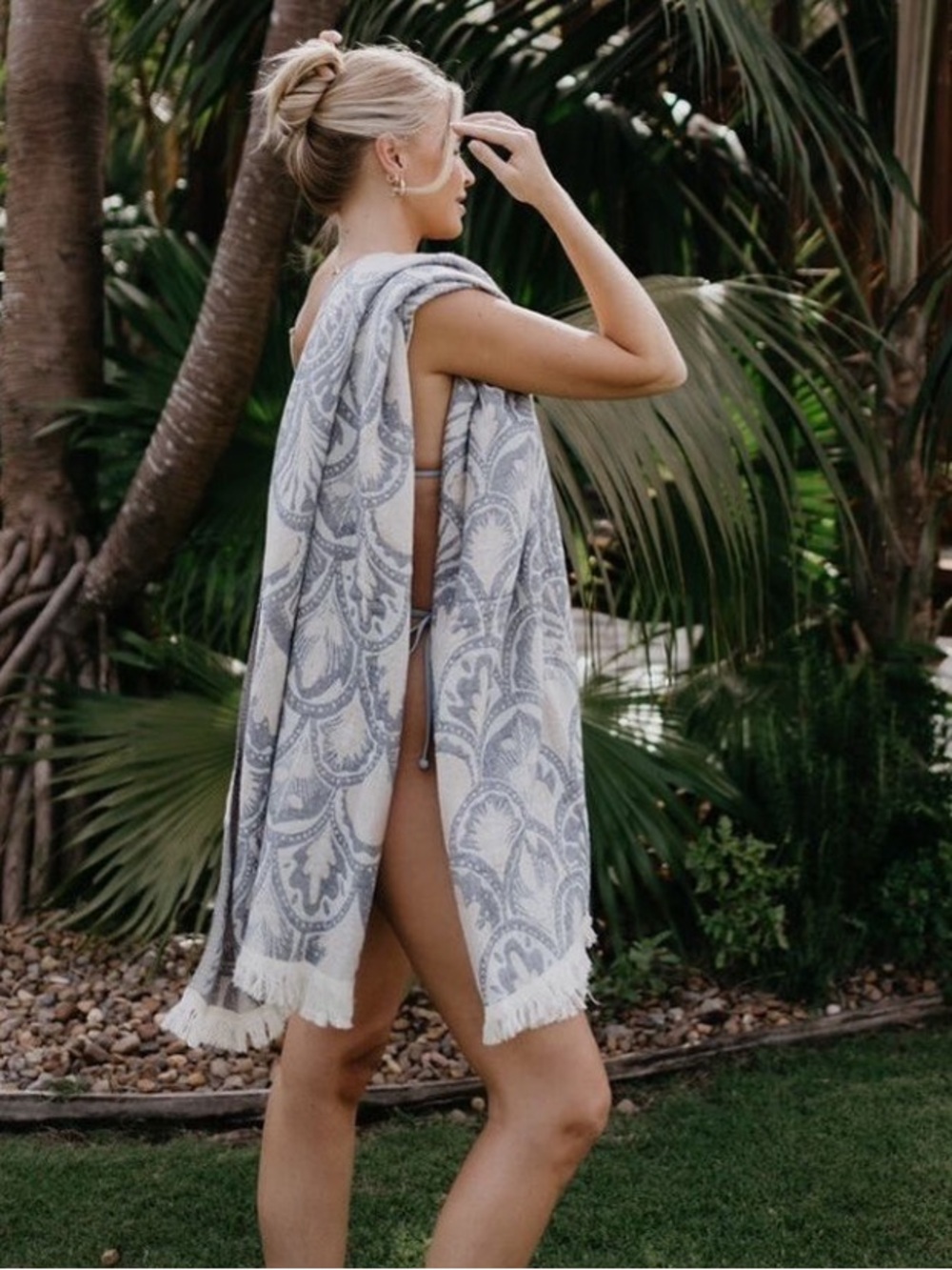 Succulents in Blue Woven Organic Cotton 2-in-1 Wrap Scarf Anthropologie Swim - Picture 12 of 15